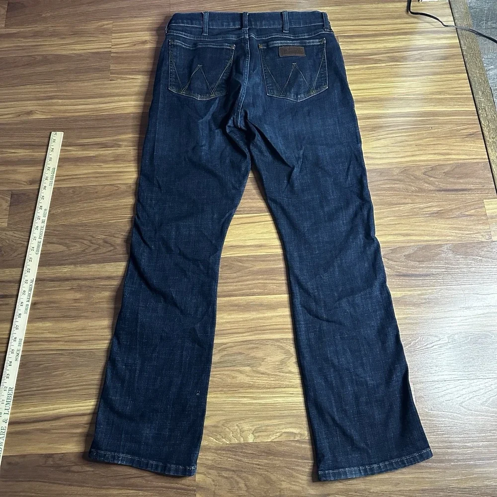 Wrangler Retro Jeans Mens 32x34 Dark Blue Denim Patch Slim Fit Bootcut 77MWZDX